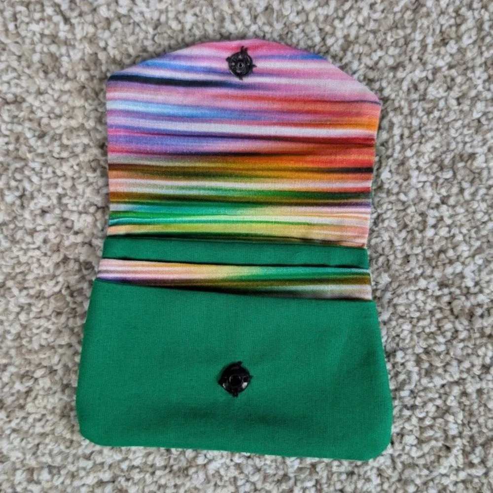 Handmade Green Fabric Pocket Wallet Rainbow Stripe Interior Snap Card Holder